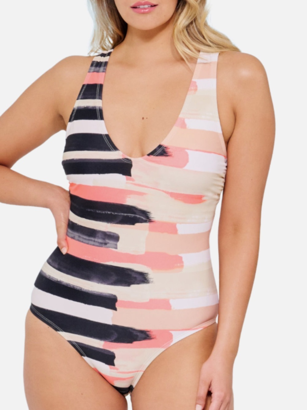 Mynah Modest Black & Pastel Brush Stroke One-Piece Swimsuit, XL
